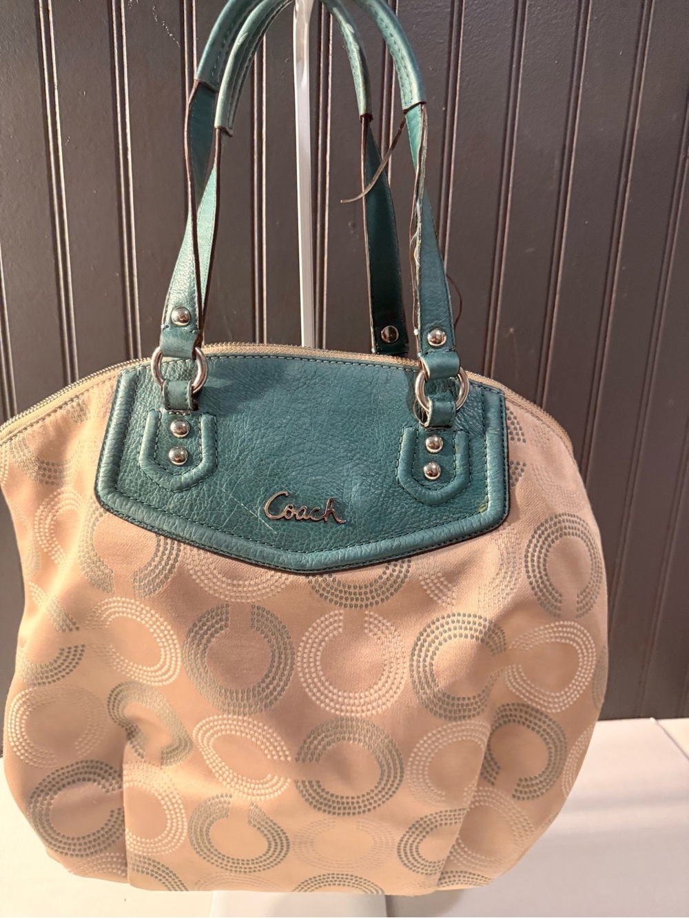 Coach Teal and Beige Signature Circle Tote Art pop with wallet